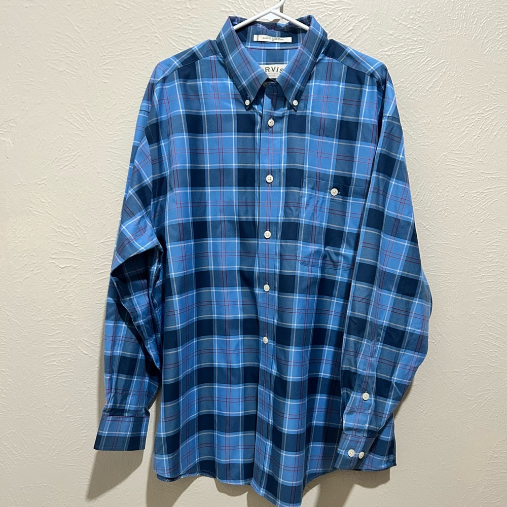 Orvis Men's XL Light Blue Plaid Flannel Button Down Shirt